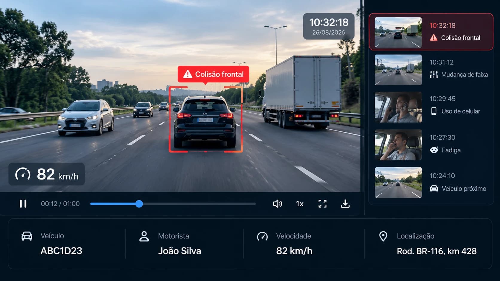 Painel de videotelemetria mostrando detecção de colisão frontal, timeline de eventos e dados do veículo, motorista, velocidade e localização